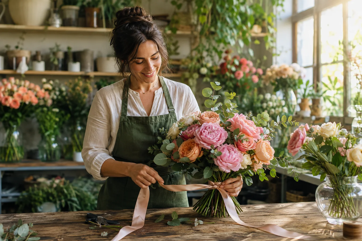 Florista finalizando um arranjo no ateliê