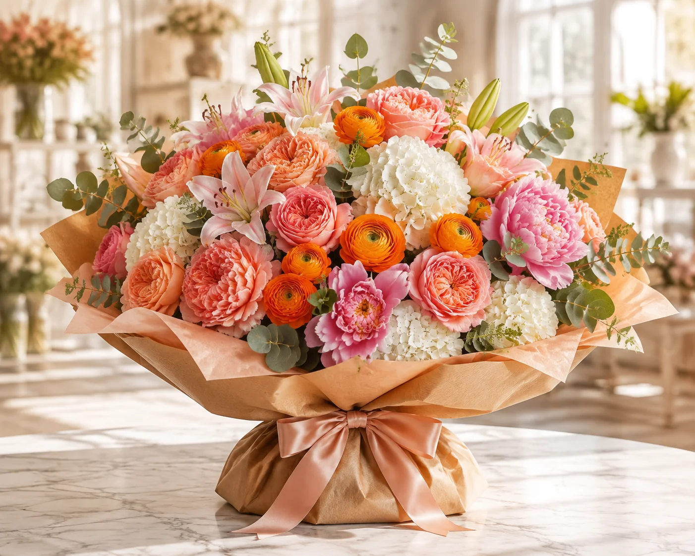 Arranjo exuberante de rosas, lírios e hortênsias