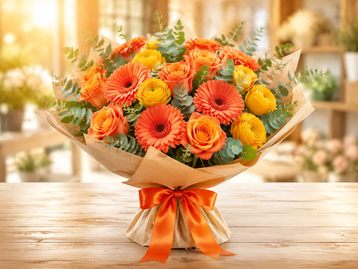 Buquê Sunset Vibrante com rosas e gérberas