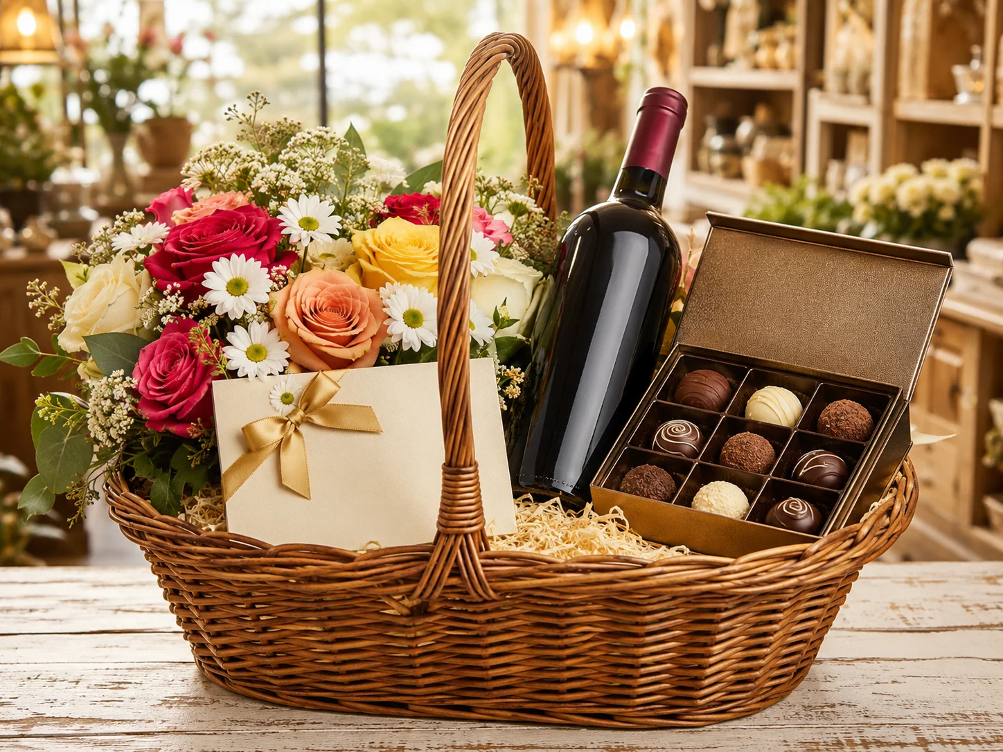 Cesta Gourmet com flores, vinho e bombons